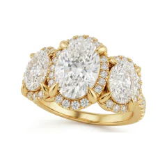 3.87 CTTW Three-Stone Oval Halo Engagement Ring | Pave Setting in 10K Yellow Gold thumbnail 1
