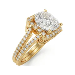 5.85 CTTW Cushion Halo Engagement Ring - Filigree Cathedral Micro Pave in 10K Yellow Gold thumbnail 2