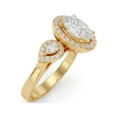2.2 CTTW Oval & Pear Three Stone Halo Ring with Filigree Detail in 10K Yellow Gold thumbnail 2