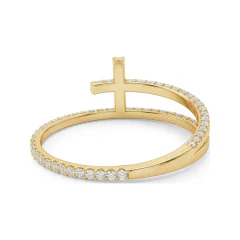 0.15 CTTW Cross Ring | Pave Diamond Religious Band in 10K Yellow Gold thumbnail 3