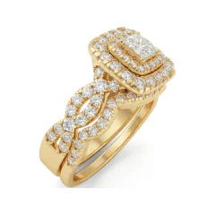 1.29 CTTW Princess Halo Twisted Split Shank Bridal Set in 10K Yellow Gold thumbnail 2