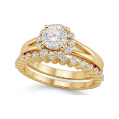 0.87 CTTW Round Halo Bridal Set | Engagement Ring & Band in 10K Yellow Gold thumbnail 1