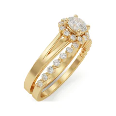 0.87 CTTW Round Halo Bridal Set | Engagement Ring & Band in 10K Yellow Gold thumbnail 2