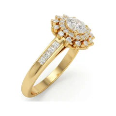 0.8 CTTW Starburst Halo Engagement Ring with Channel Baguettes in 10K Yellow Gold thumbnail 2