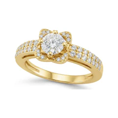 0.73 CTTW Multi-Row Pave Halo Engagement Ring with Split Shank in 10K Yellow Gold thumbnail 1