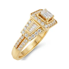 0.95 CTTW Princess-Cut Halo Engagement Ring | Split Shank, Baguette Accents in 10K Yellow Gold thumbnail 2
