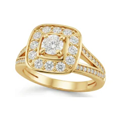 0.81 CTTW Cushion Halo Split Shank Pave Engagement Ring in 10K Yellow Gold thumbnail 1