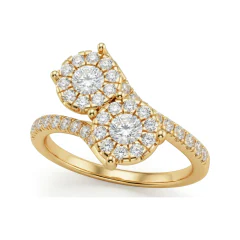 0.69 CTTW Two-Stone Bypass Halo Engagement Ring with Pave in 10K Yellow Gold thumbnail 1