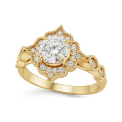0.82 CTTW Milgrain Floral Halo Vintage Engagement Ring in 10K Yellow Gold thumbnail 1