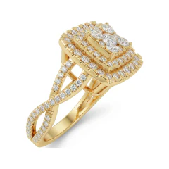0.85 CTTW Square Cluster Double Halo Ring with Twisted Rope Shank in 10K Yellow Gold thumbnail 2