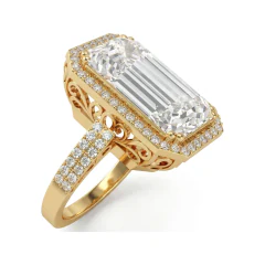 10.61 CTTW Emerald Cut Halo Cocktail Ring with Filigree in 10K Yellow Gold thumbnail 2