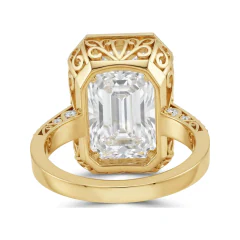 10.61 CTTW Emerald Cut Halo Cocktail Ring with Filigree in 10K Yellow Gold thumbnail 3