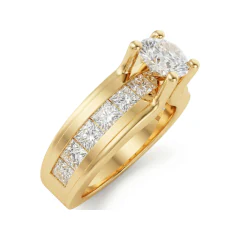 3.11 CTTW Mens Wide Band Solitaire Ring with Channel Baguettes in 10K Yellow Gold thumbnail 2