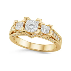 1.2 CTTW Trellis Three-Stone Princess Ring with Channel and Pave in 10K Yellow Gold thumbnail 1