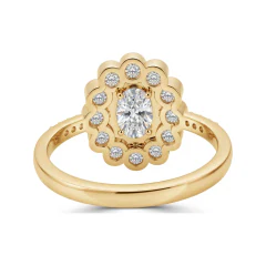 1.39 CTTW Oval Halo Engagement Ring with Flower Cluster Accents in 10K Yellow Gold thumbnail 3