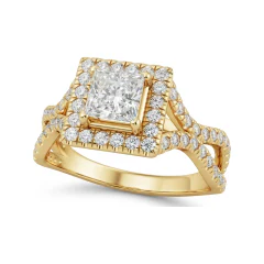0.64 CTTW Princess-Cut Halo Ring with Pave Shoulders in 10K Yellow Gold thumbnail 1