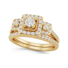 0.55 CTTW Halo Split Shank Bridal Set | Pave Engagement Ring in 10K Yellow Gold thumbnail 1