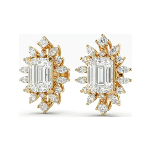 6.01 CTTW Vintage Emerald Cut Lab Grown Diamond Starburst Halo Stud Earrings | Marquise & Round Cluster