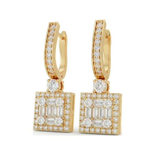 2.01 CTTW Lab Grown Diamond Art Deco Baguette Cluster Square Halo Drop Earrings | Pave Huggie Top