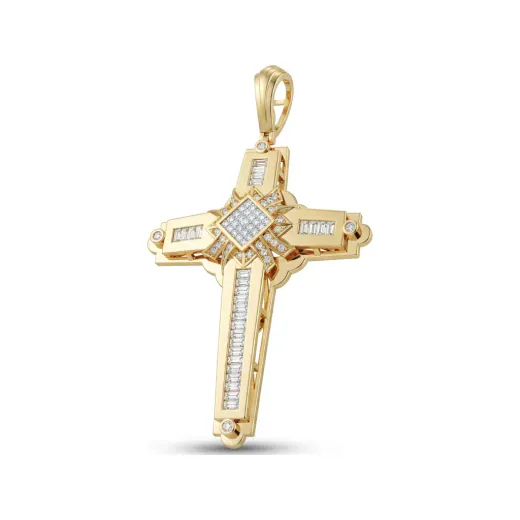 2.33 CTTW Ornate Diamond Cross Pendant with Baguette Channels in 10K Yellow Gold