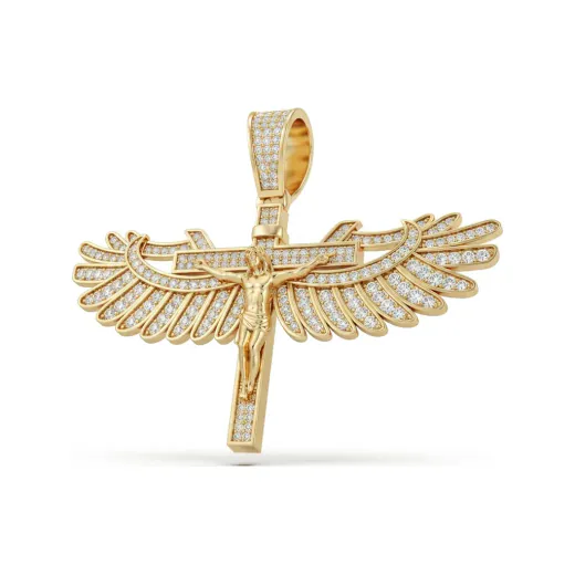 0.92 CTTW Diamond Winged Crucifix Cross Pendant in 10K Yellow Gold