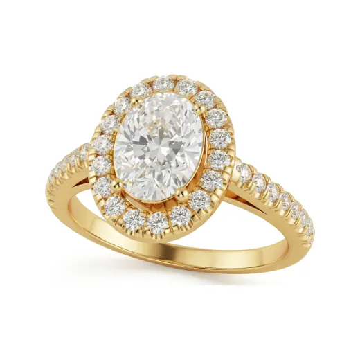 1.21 CTTW Oval Halo Solitaire Engagement Ring with Pave Band in 10K Yellow Gold