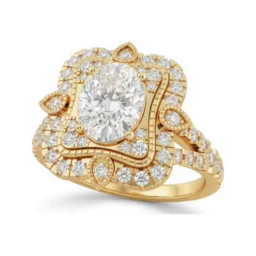 1.71 CTTW Vintage Oval Halo Engagement Ring | Floral Micro-Pave in 10K Yellow Gold