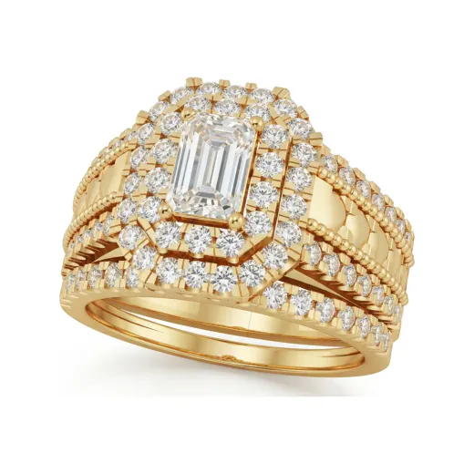 1.78 CTTW Emerald Cut Double Halo Diamond Bridal Set in 10K Yellow Gold