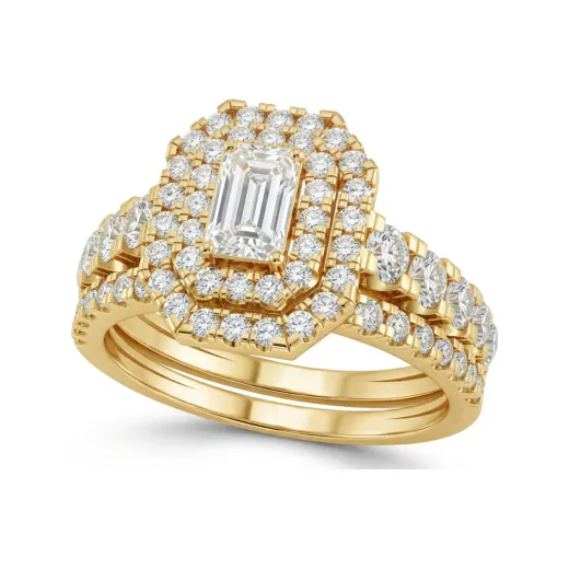 1.36 CTTW Emerald-Cut Double Halo Milgrain Bridal Set in 10K Yellow Gold