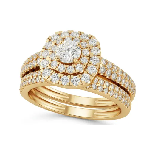 0.86 CTTW Round Double Halo Bridal Set with Pave Band in 10K Yellow Gold