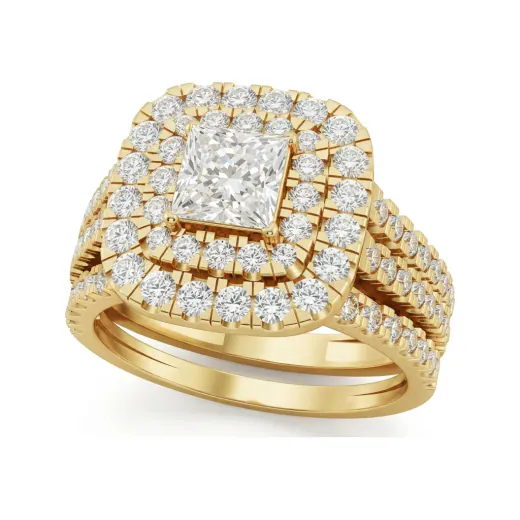 1.81 CTTW Princess Cushion Double Halo Bridal Set in 10K Yellow Gold