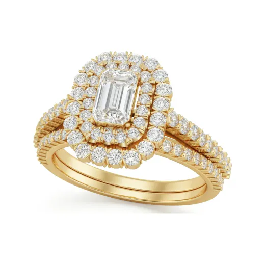 0.99 CTTW Vintage Emerald-Cut Halo Bridal Set with Pave Band in 10K Yellow Gold