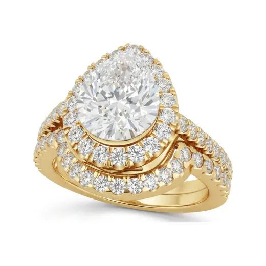 3.17 CTTW Pear Halo Pave Filigree Bridal Set in 10K Yellow Gold