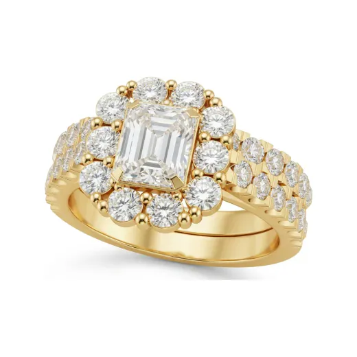 2.24 CTTW Radiant Halo Bridal Set | Flower Cluster Pave Engagement Ring in 10K Yellow Gold