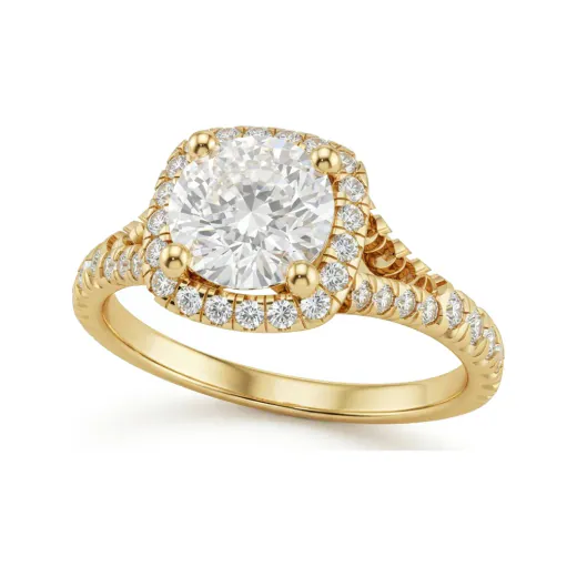 1.61 CTTW Round Halo Cathedral Engagement Ring | Micro-Pave Ring in 10K Yellow Gold