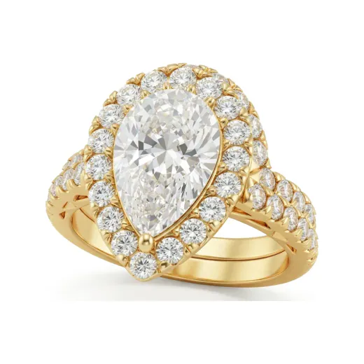 3.08 CTTW Pear Double Halo Bridal Set | Pave Split Shank Ring in 10K Yellow Gold