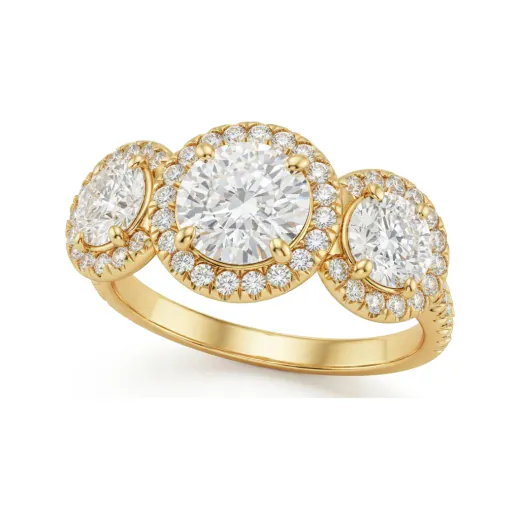 2.31 CTTW Lab Grown Diamond Three Stone Halo Engagement Ring | Round Pave Ring