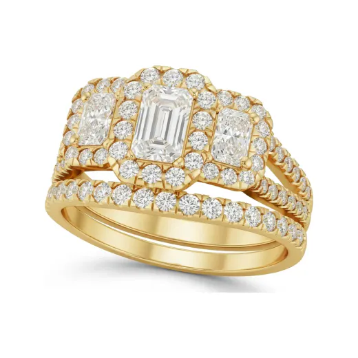 1.27 CTTW Emerald-Cut Three-Stone Halo Bridal Set | Split Shank Pave in 10K Yellow Gold
