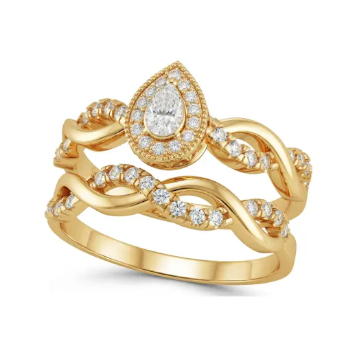 0.29 CTTW Pear Halo Bridal Set | Twisted Rope Diamond Engagement Rings in 10K Yellow Gold