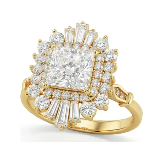 2.25 CTTW Art Deco Starburst Halo Engagement Ring | Princess & Baguette in 10K Yellow Gold
