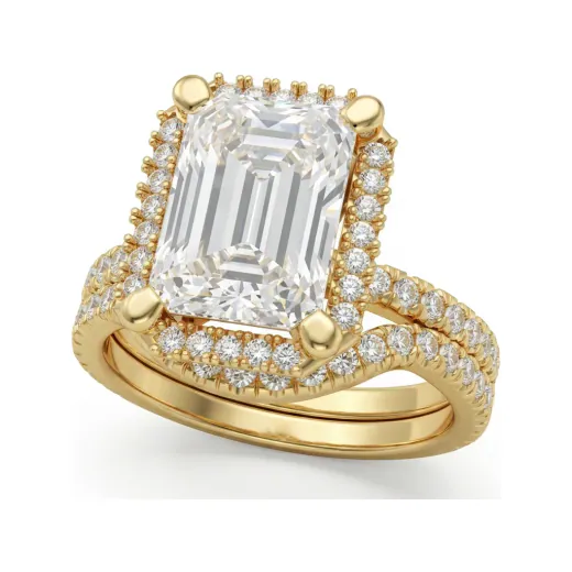 4.07 CTTW Emerald-Cut Halo Micro-Pave Bridal Set in 10K Yellow Gold