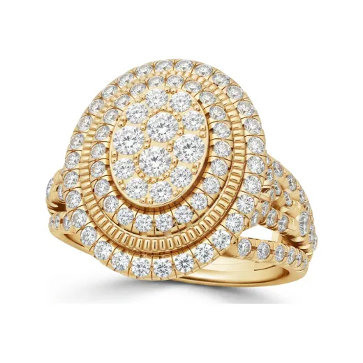 1.17 CTTW Double Halo Cocktail Ring | Round Pave Cluster Statement Ring in 10K Yellow Gold