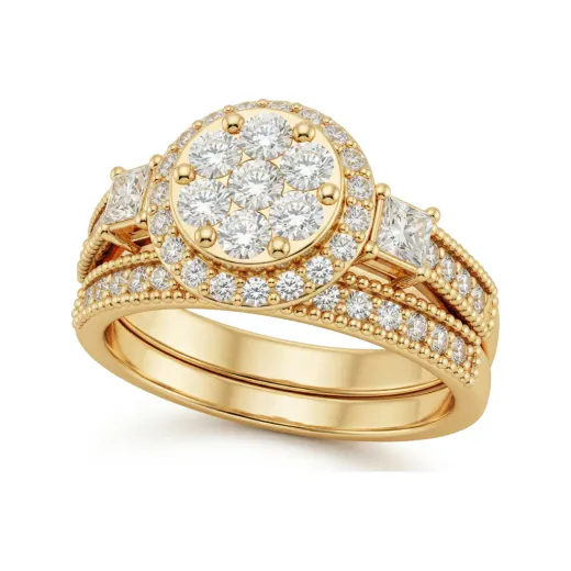 0.85 CTTW Princess Halo Cluster Bridal Set | Micro-Pave Diamond Ring Set in 10K Yellow Gold