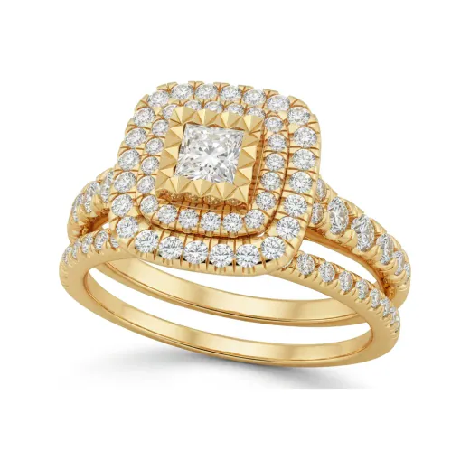 0.77 CTTW Princess Double Halo Bridal Set | Pave Wedding Rings in 10K Yellow Gold
