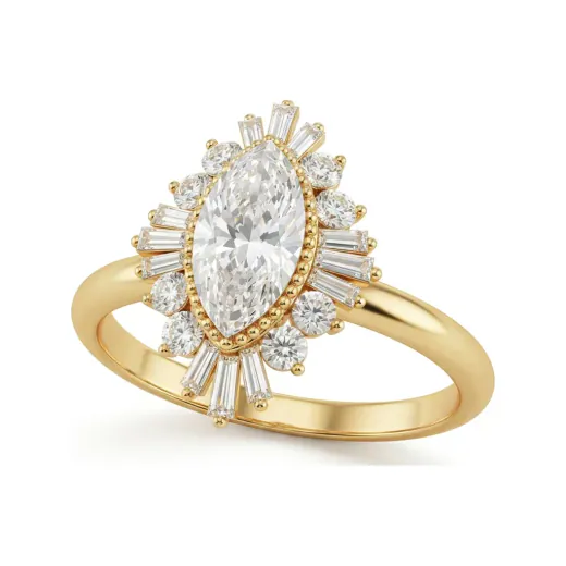0.94 CTTW Marquise Starburst Halo Vintage Engagement Ring in 10K Yellow Gold