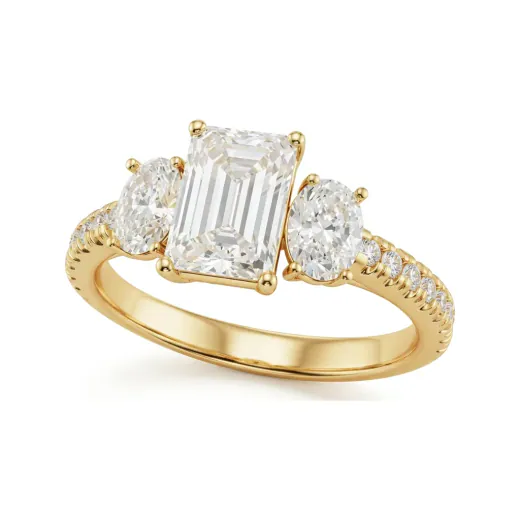 1.7 CTTW Emerald Cut Lab Grown Diamond Three Stone Engagement Ring | Oval Side Stones, Pave Band