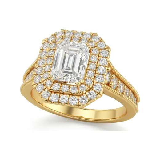 1.85 CTTW Emerald-Cut Double Halo Engagement Ring | Milgrain Pave in 10K Yellow Gold