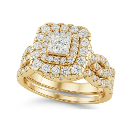 1.29 CTTW Princess Halo Twisted Split Shank Bridal Set in 10K Yellow Gold