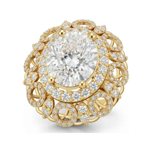 10.07 CTTW Oval Double Halo Cluster Ring | Prong-Set Statement Design in 10K Yellow Gold
