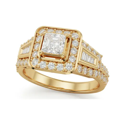 0.95 CTTW Princess-Cut Halo Engagement Ring | Split Shank, Baguette Accents in 10K Yellow Gold